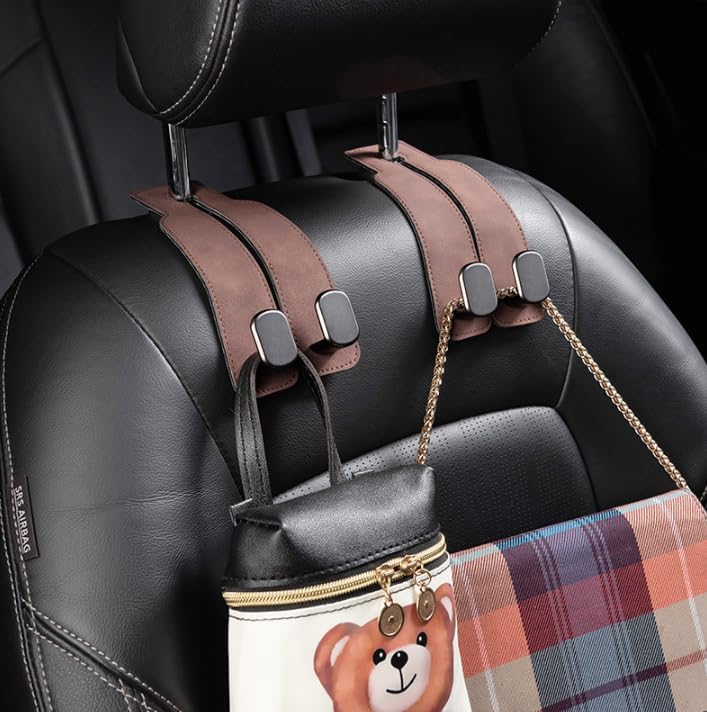 2-in-1 Premium Leather Car Headrest Hanger with Metal Hooks (1 Pair)