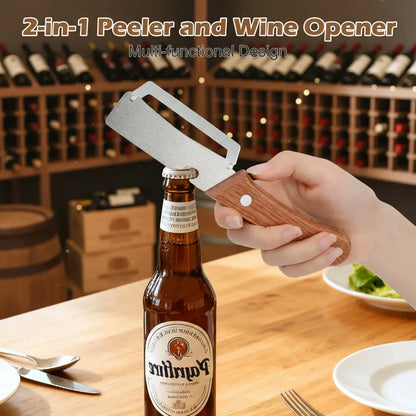 Wooden-Handled Stainless Steel Peeler with Built-In Bottle Opener